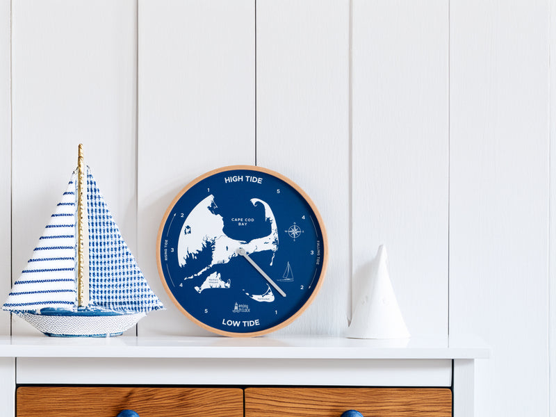 Elegant Cape Cod tide clock, a charming coastal decor piece that tracks local tides; featuring a beautifully crafted face with high and low tide markers, perfect for bringing a touch of seaside style to any room.