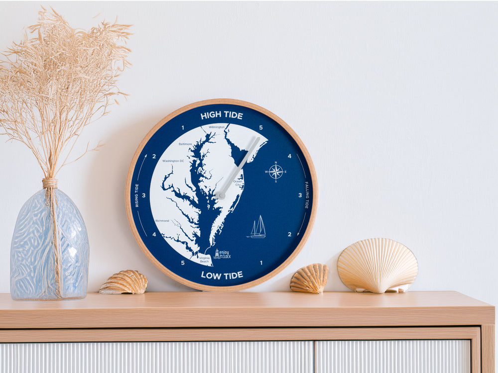 Stylish Chesapeake Bay tide clock, a unique coastal decor accent that reflects local tide changes; featuring a beautifully designed face with high and low tide markers, ideal for adding a touch of Chesapeake charm to any space.