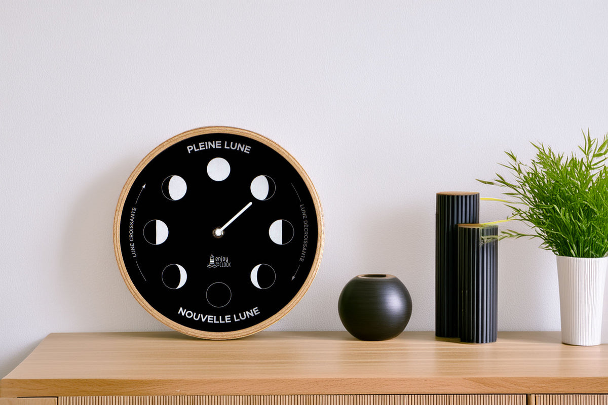 Horloge phases de Lune Noire moderne Enjoy the Clock